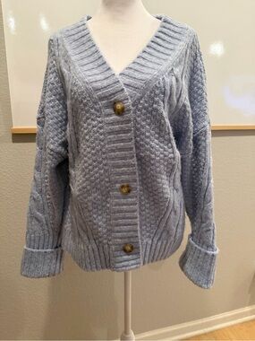 Abercrombie & Fitch Pale Blue Cable Knit Button-Front Cardigan